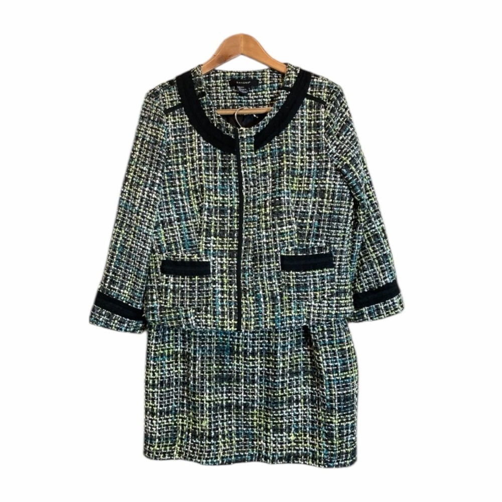 SANDRO ✘ Preppy Turquoise Black Tweed Jacket Midi Skirt Suit 2 Pc Set Office, L - Picture 2 of 12